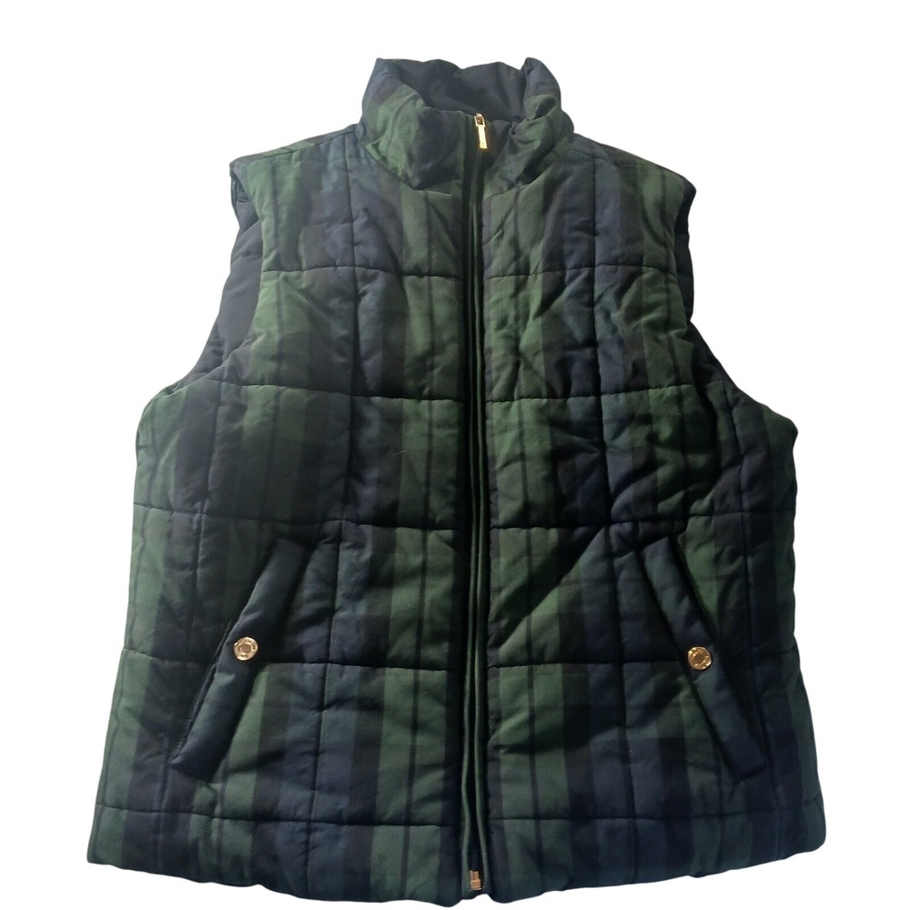 Chaps Reversible Quilted Puffer Vest M Blackwatch Plaid Zip Front Preppy